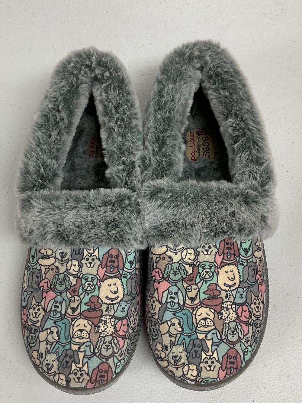 BOBS from Skechers Gray Plush Memory Foam Slippers with Dog Accent